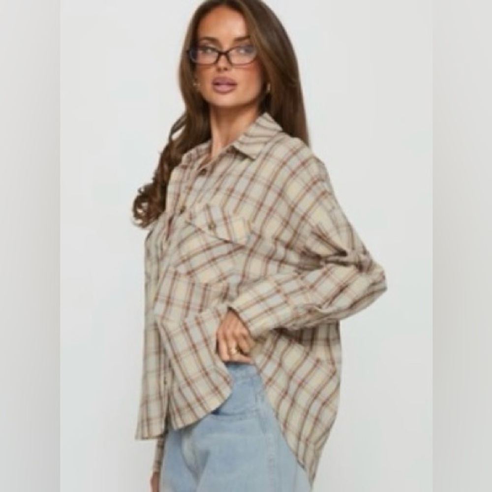 Princess Polly Womens US 4 Button Front Shirt Jacket Shacket Beige Black Flannel - Picture 5 of 12